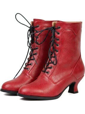 Women's Red Mid Calf Round Toe  Chunky Heel & Lace Up Victorian Ankle Boots